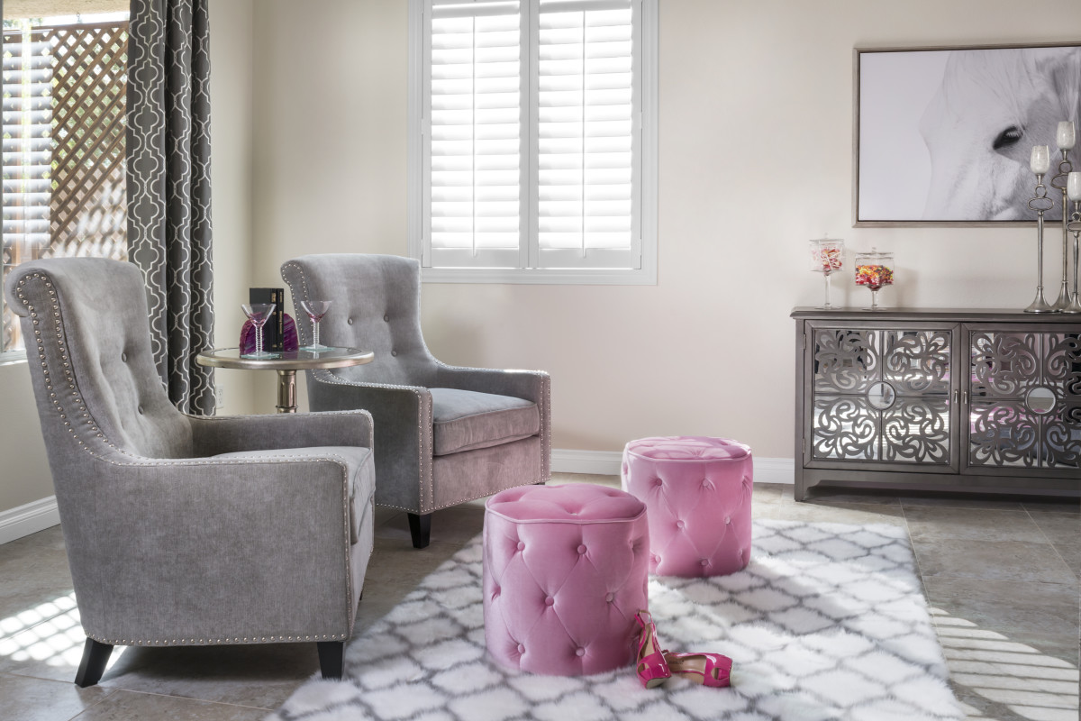 Austin pink living room with shutters